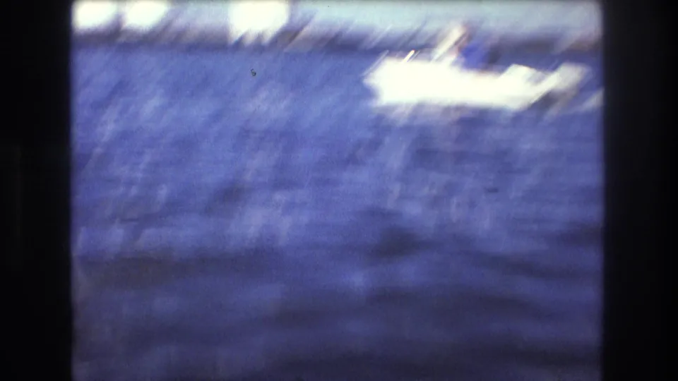 A soft, motion-blurred view across blue water shows a small white boat in the distance, consistent with the motorboat setting described in the clip metadata.