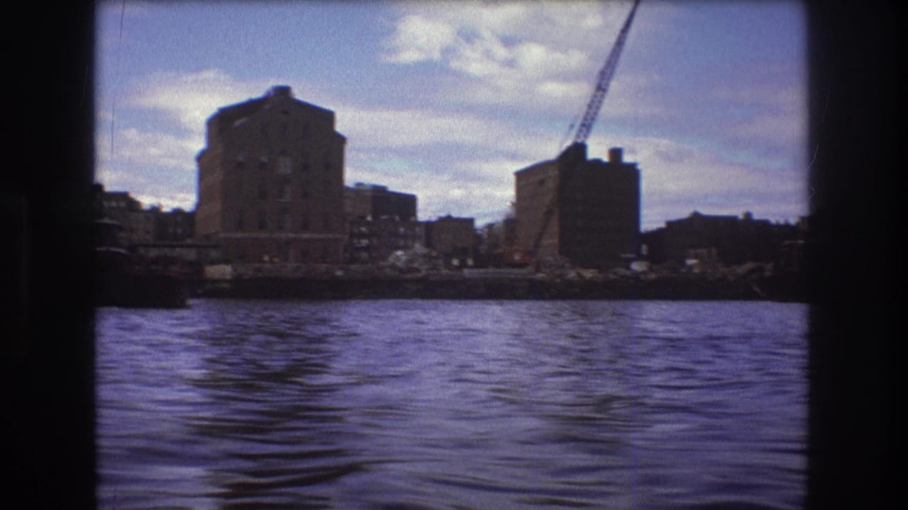 Waterfront skyline with a crane and low buildings across the water.