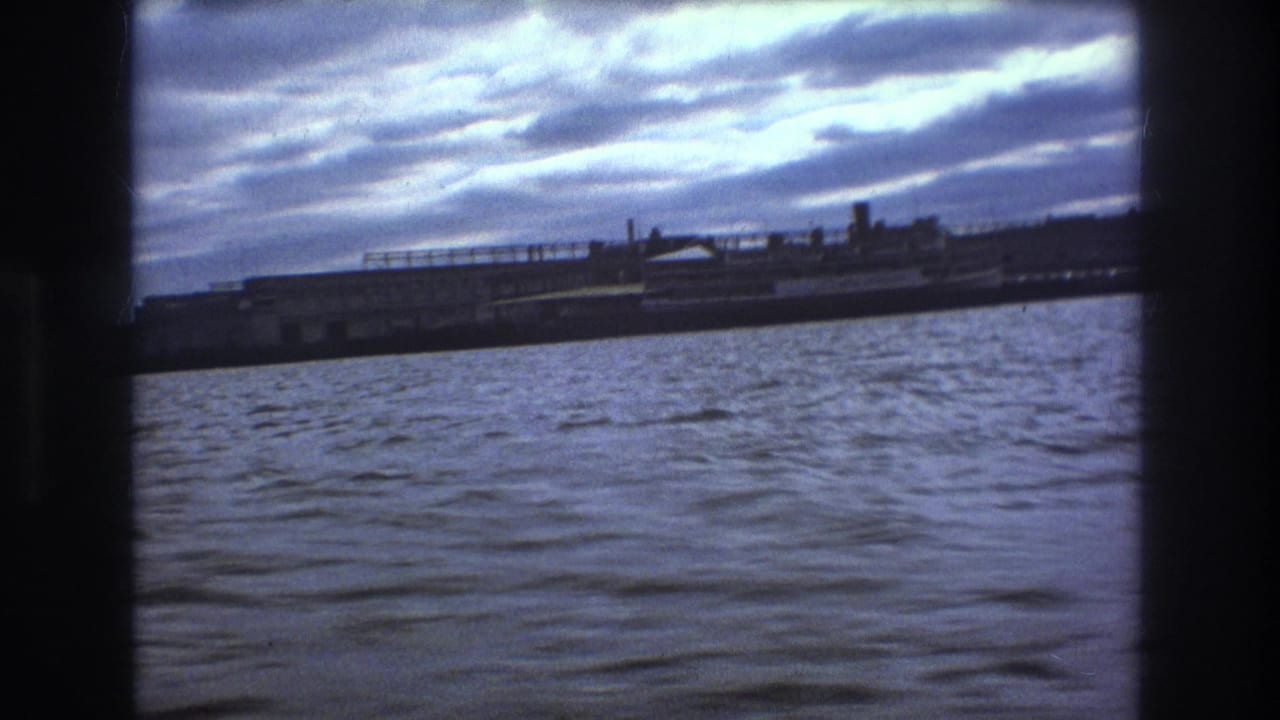 Distant shoreline buildings across rippled water beneath a cloudy sky.