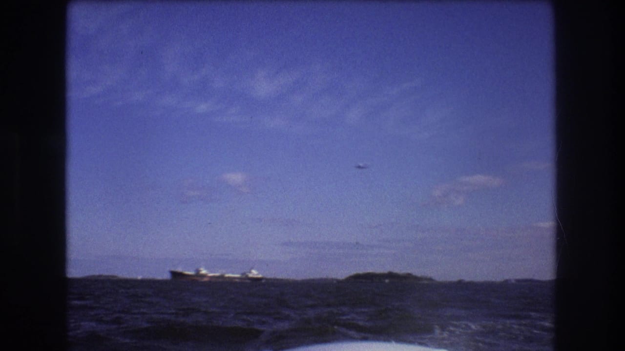 A large ship sits or moves along the horizon near a low shoreline, with a small bird visible above the water in the 1975 Boston maritime home-movie scene.
