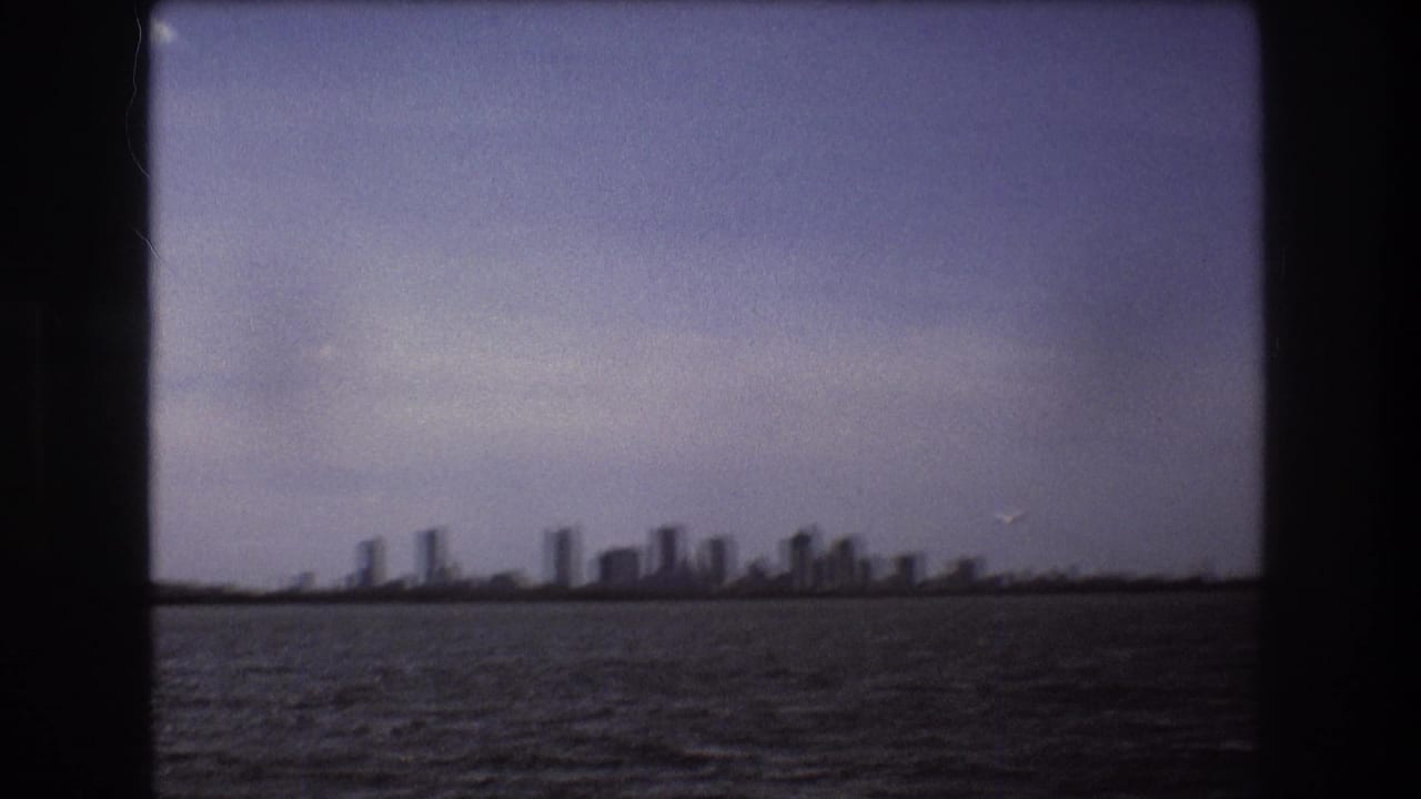Soft distant skyline beyond water, seen through dark borders under a grey-blue sky.