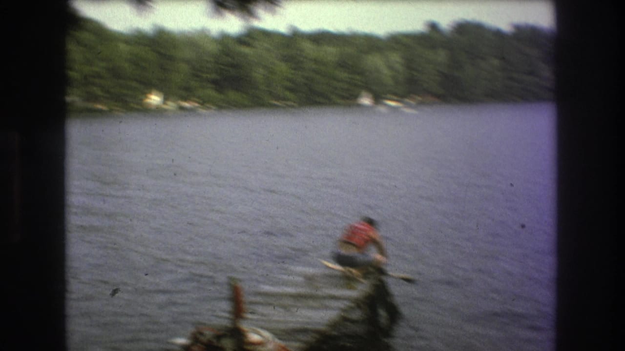 A distant water skier wearing a red life vest moves across the lake, with wooded shoreline visible in the background.