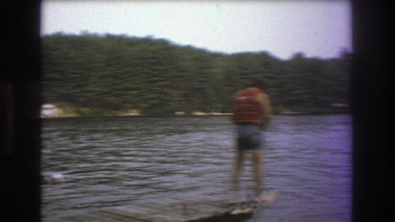 Person in a red life vest standing on water skis near a wooded shore.