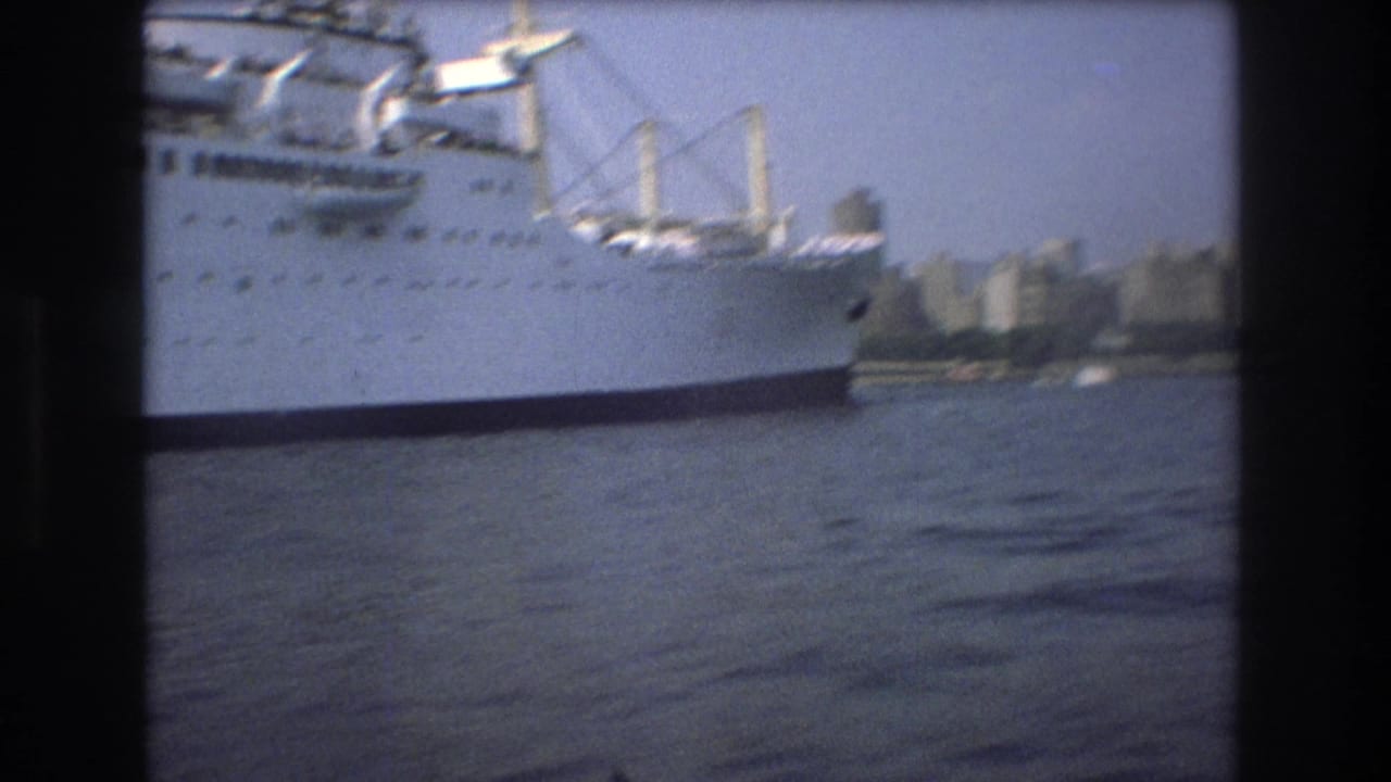 White ship seen closer to the right side of the frame above rippling harbor water.