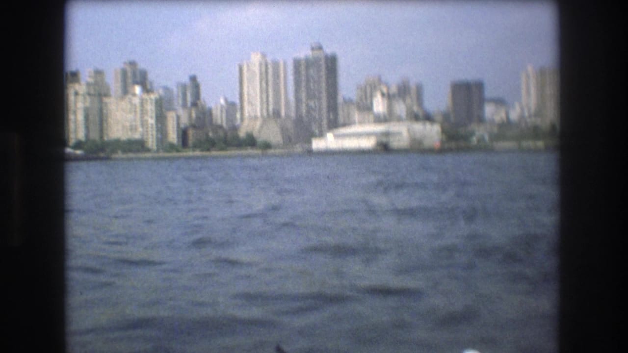 Distant city skyline and waterfront building seen over open water.