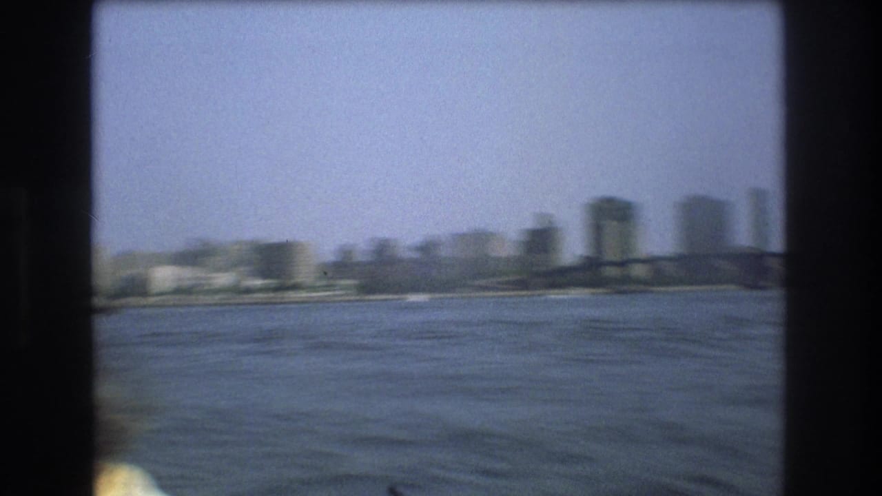 Soft distant harbor view with skyline and bridge across the water.