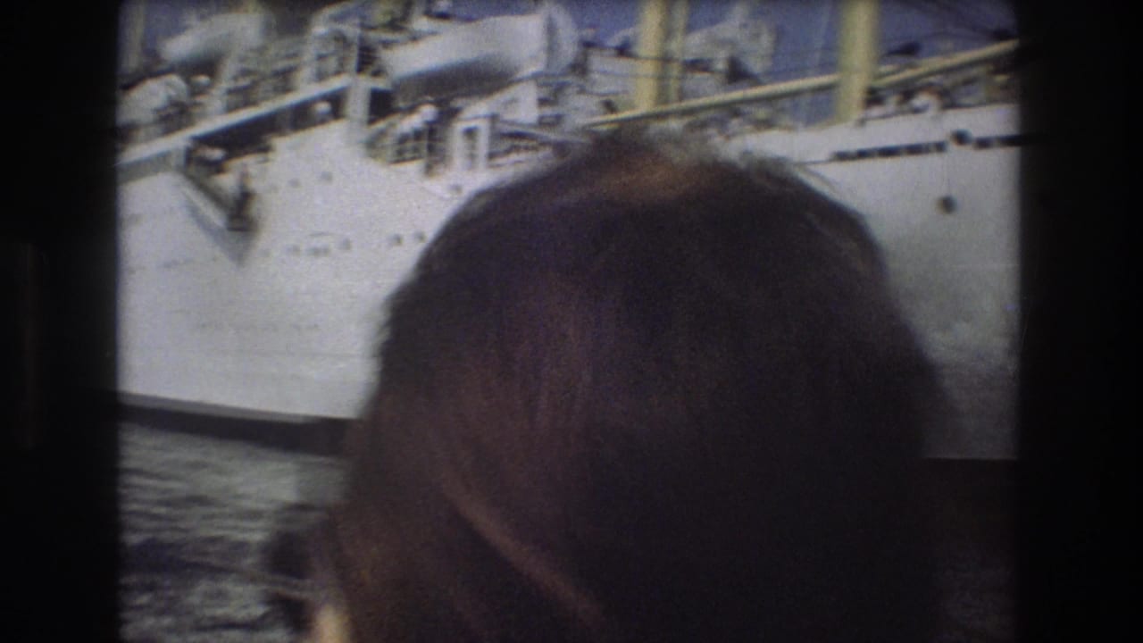 Person's head in the foreground as a large white ship fills the background.