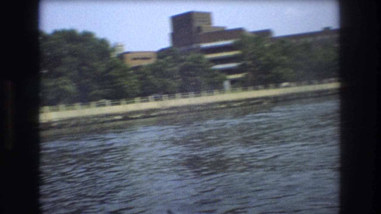 Tree-lined bank and large building viewed over water.
