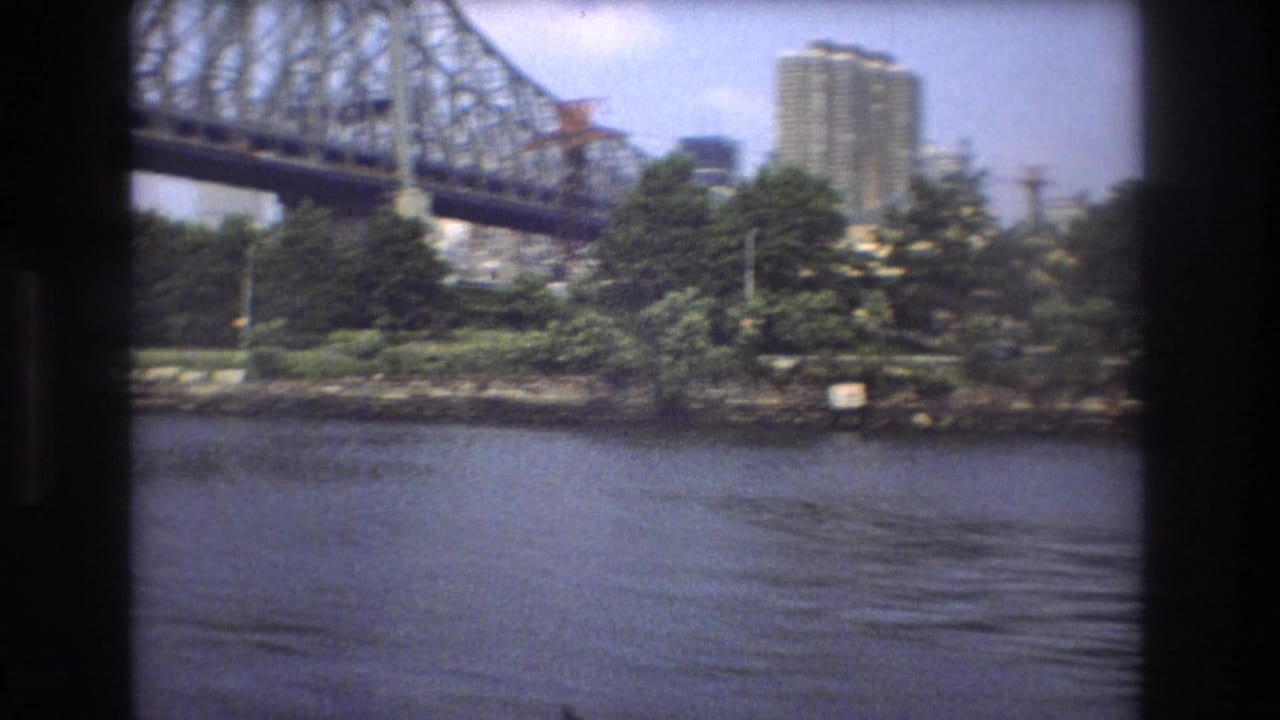 Bridge structure over water with trees and a tall building in the background.