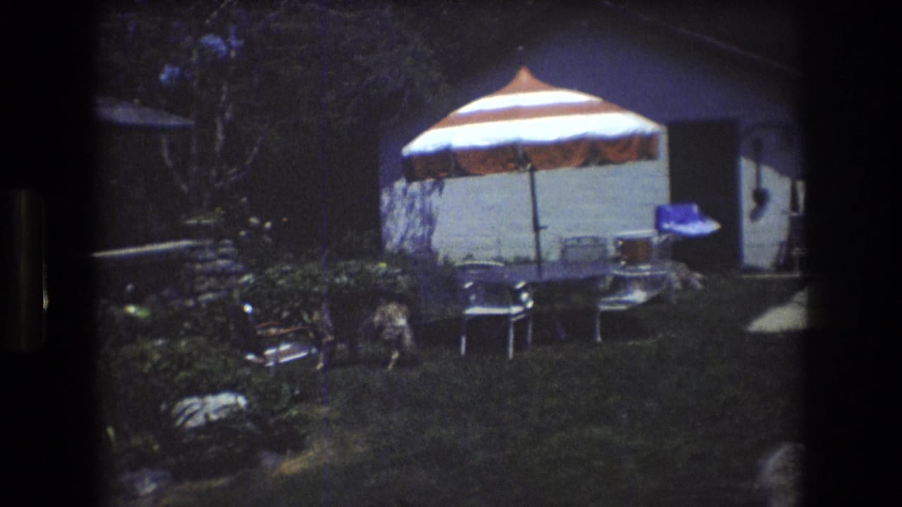 1976 Mt Bromley, Vermont 8mm frame showing a backyard with a red and white striped umbrella, metal chairs, a table, shrubs, and a dog moving across the lawn.