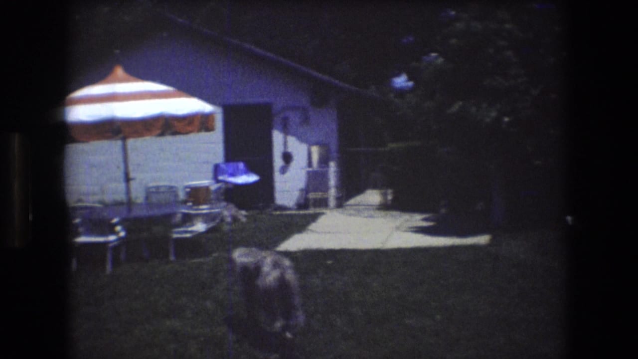 1976 Mt Bromley, Vermont 8mm frame with the camera panning past a striped umbrella, metal patio seating, house siding, walkway, and dog on the grass.