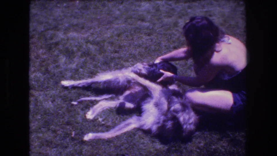 The woman sits low on the grass and pets the large light-colored dog lying beside her, with the 8mm frame showing heavy grain and dark film borders.