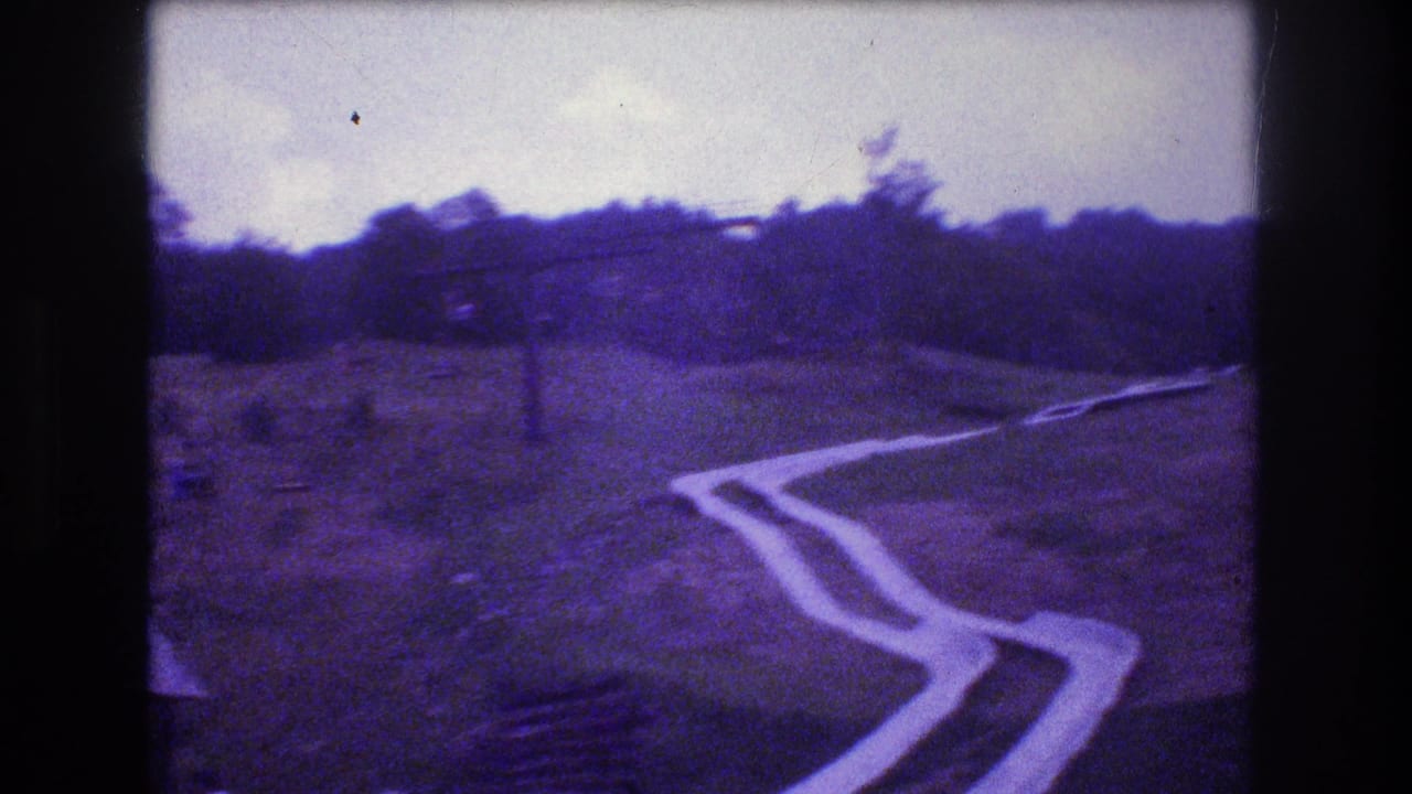 The Mt Bromley hillside slide curves through the frame, with the forest line and small recreation structures visible in soft, purple-tinted 8mm footage.