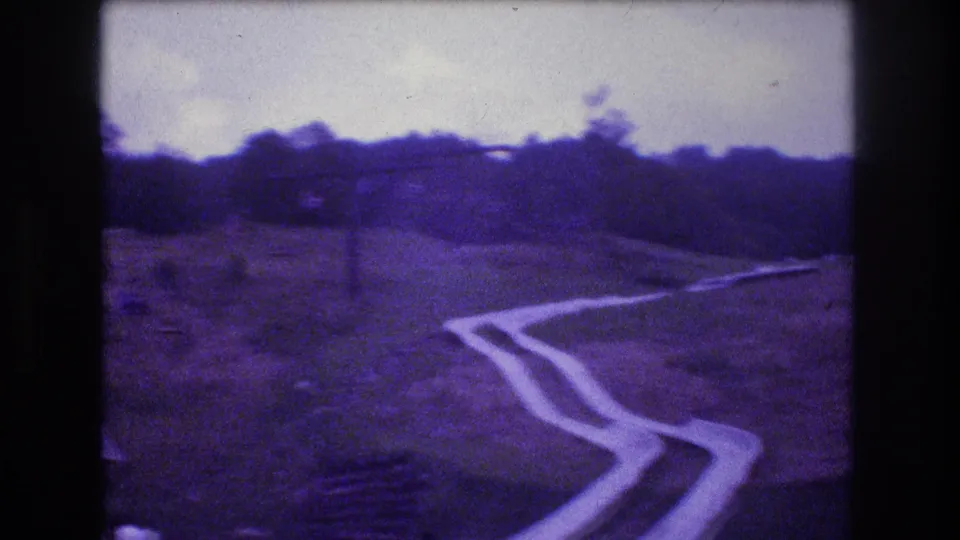 A pale concrete slide at Mt Bromley bends across the lower hillside, with wooded background and aged purple 8mm color visible throughout the frame.
