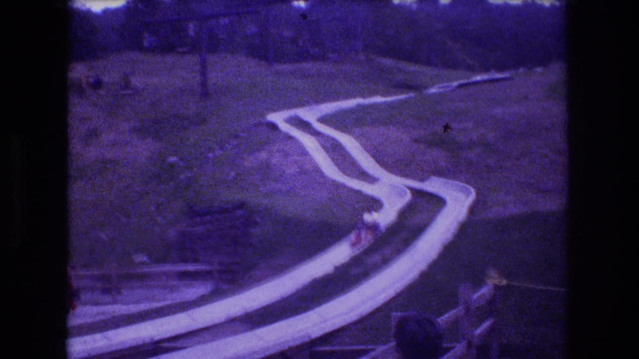 At Mt Bromley, Vermont in 1976, riders in small carts move down a winding summer hillside slide while visitors stand near the lower track.