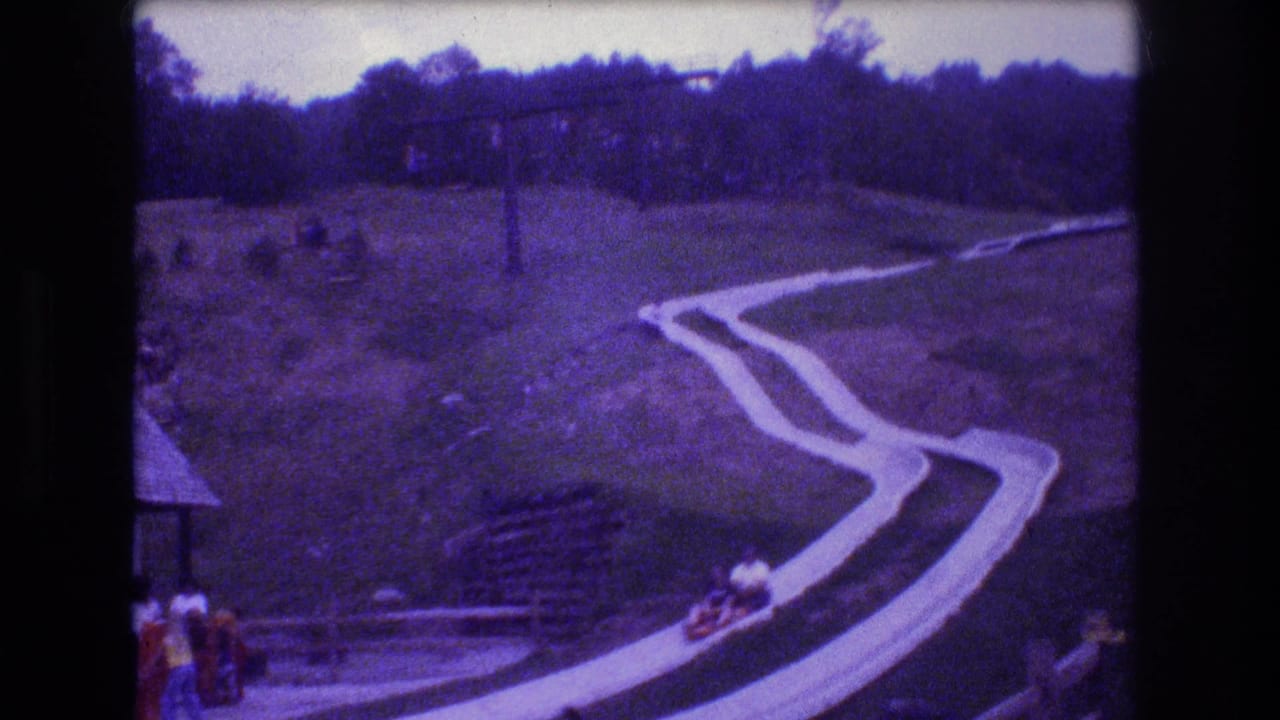 A hillside slide curves through grass with several visitors gathered near the lower section.