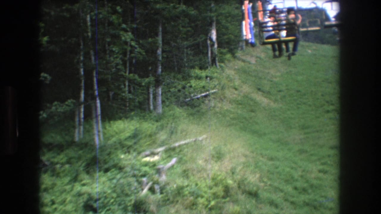 Chairlift view across grass and trees with empty chairs near the top of frame.