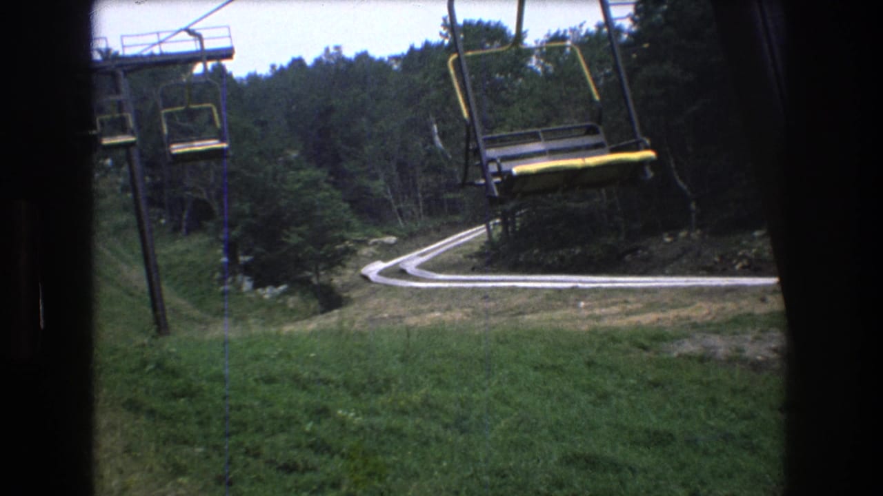 Chairlift seats pass above a green hillside and curving path bordered by forest.