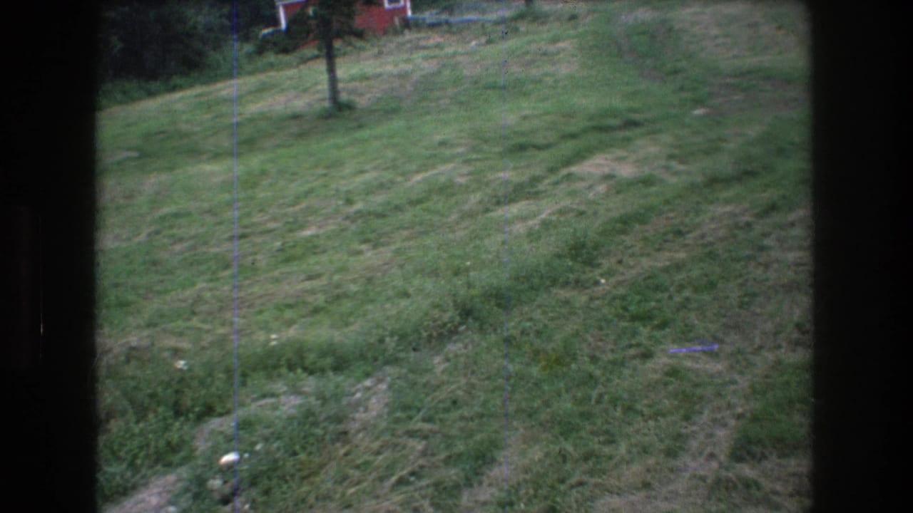 Grassy slope seen from a moving lift, with a lift pole and red building near the upper edge.