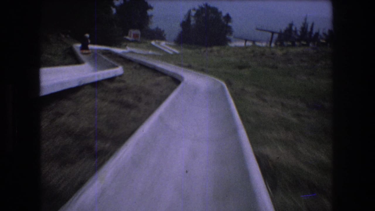 Downhill concrete slide bends right across a grassy slope with trees in the background.