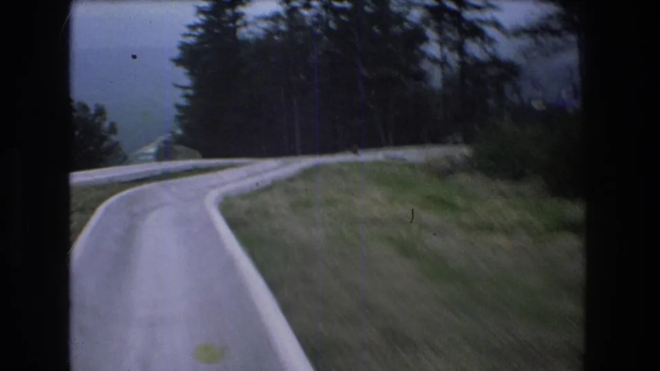 A low, fast-moving 8mm frame shows the concrete slide continuing along the grassy wooded slope, with the track edge and trees blurred by motion.
