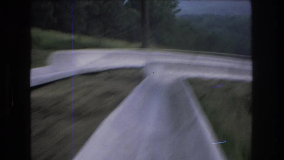 Point-of-view 8mm frame from the Mt Bromley slide descent, showing the pale chute ahead, grassy edges, dark trees, and blurred forward motion.