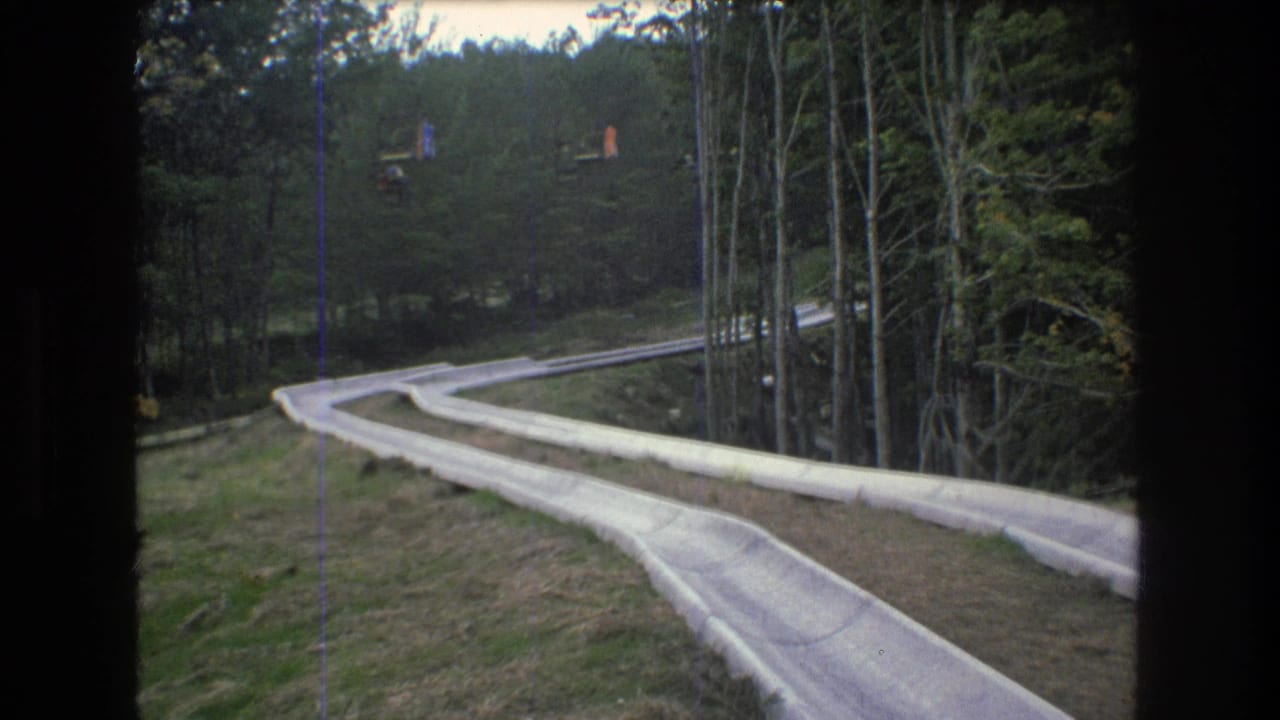 Concrete slide curves down a grassy slope beside trees with small lift cars in the background.