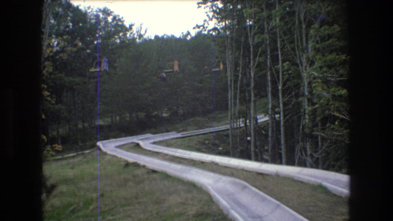 Alpine slide lanes pass through trees with lift chairs in the distance.