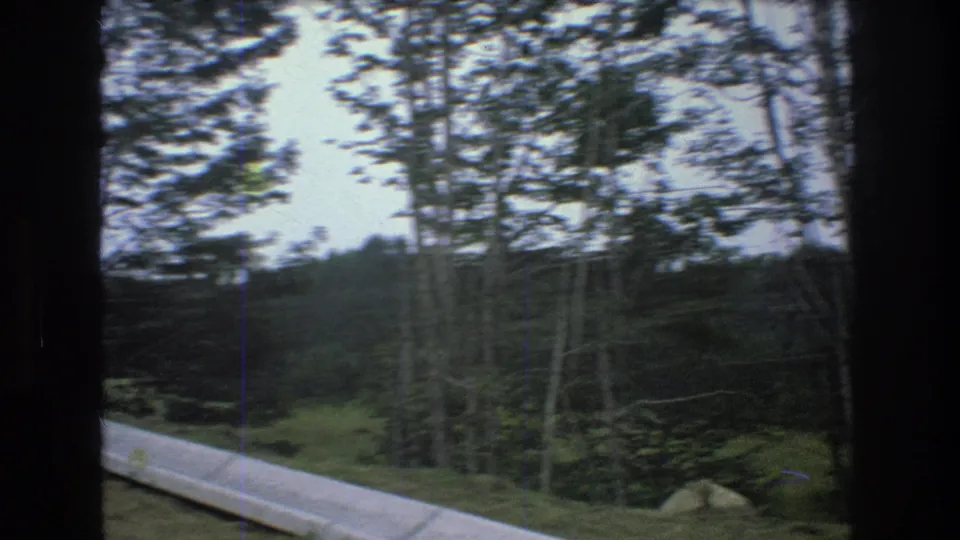 1976 Mt Bromley, Vermont frame with a concrete path partly visible at left and dense trees across a green hillside under a pale sky.