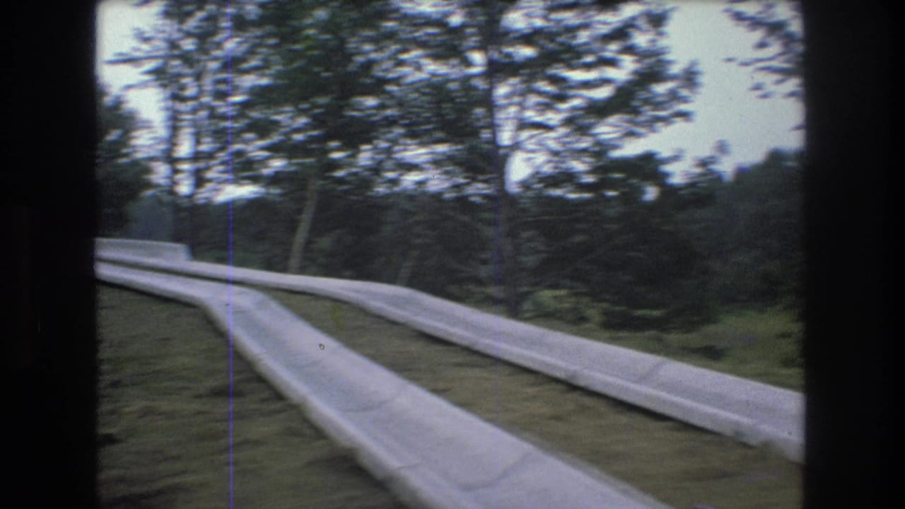 Curving paved road with a pale concrete barrier through trees.