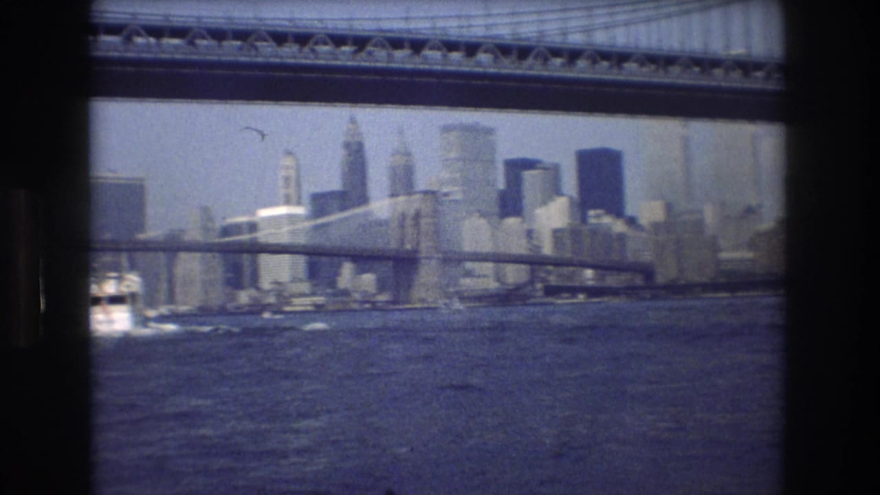 Suspension bridge and Manhattan skyline seen across choppy water.
