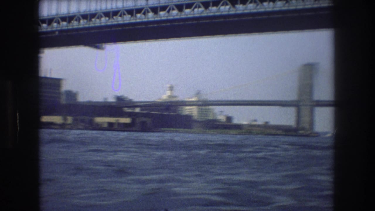 Waterfront view through bridge framing with shoreline buildings in the distance.
