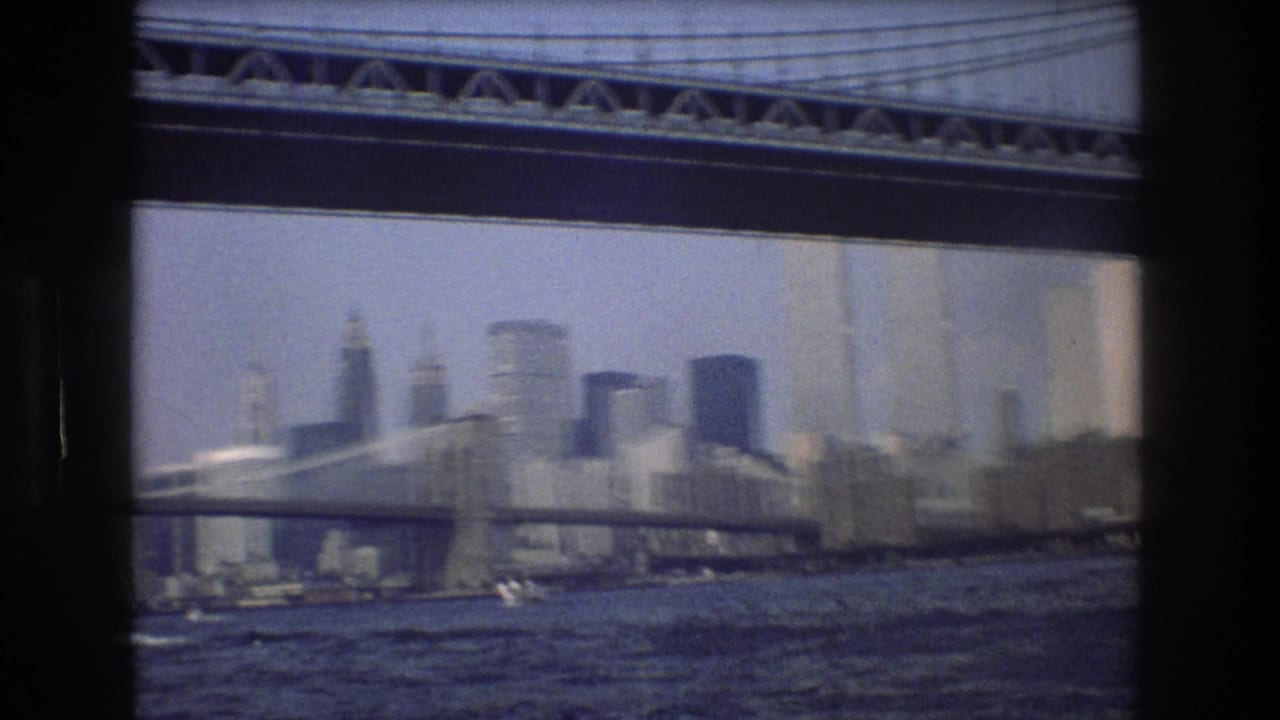 Suspension bridge and city skyline viewed from the water.