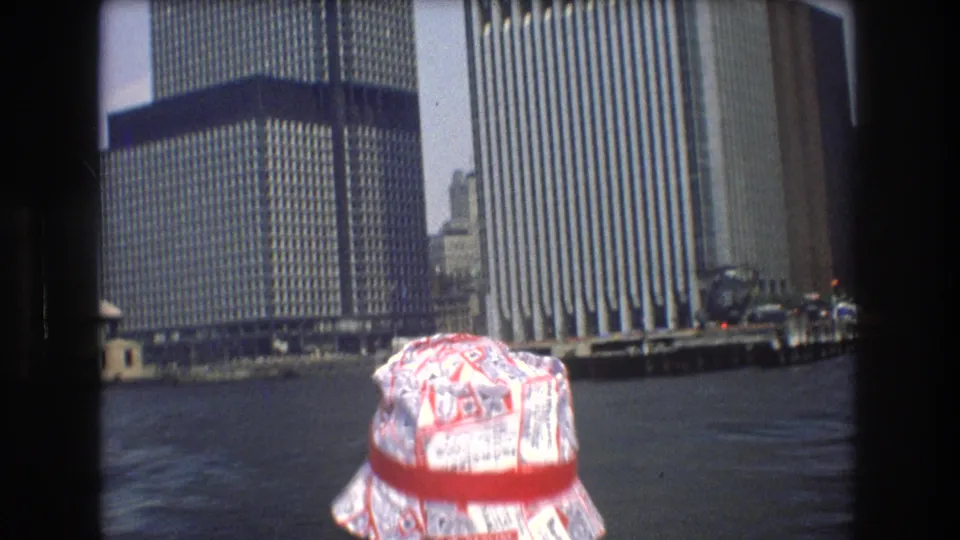 1976 8mm home-movie view from the water showing the World Trade Center towers, waterfront office buildings, open water, and a red-and-white patterned hat in the foreground.