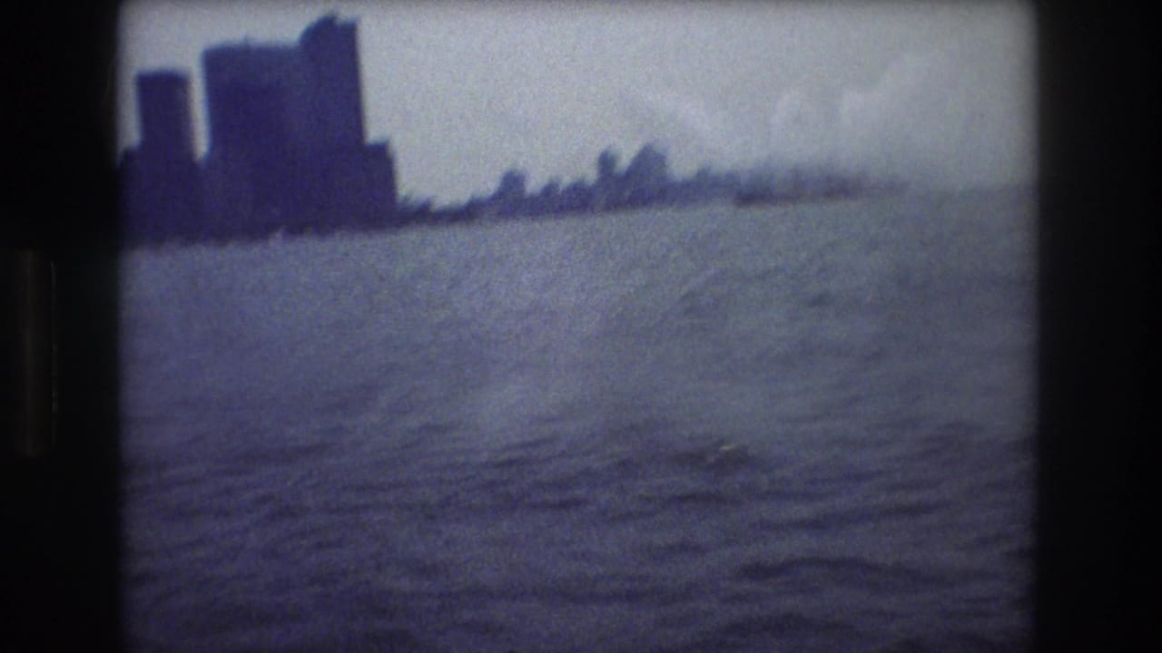 Distant city skyline across harbor water under a hazy sky.