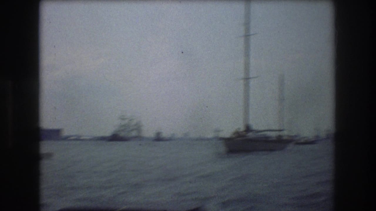 Hazy harbor water with sailboats and distant shoreline under overcast sky.