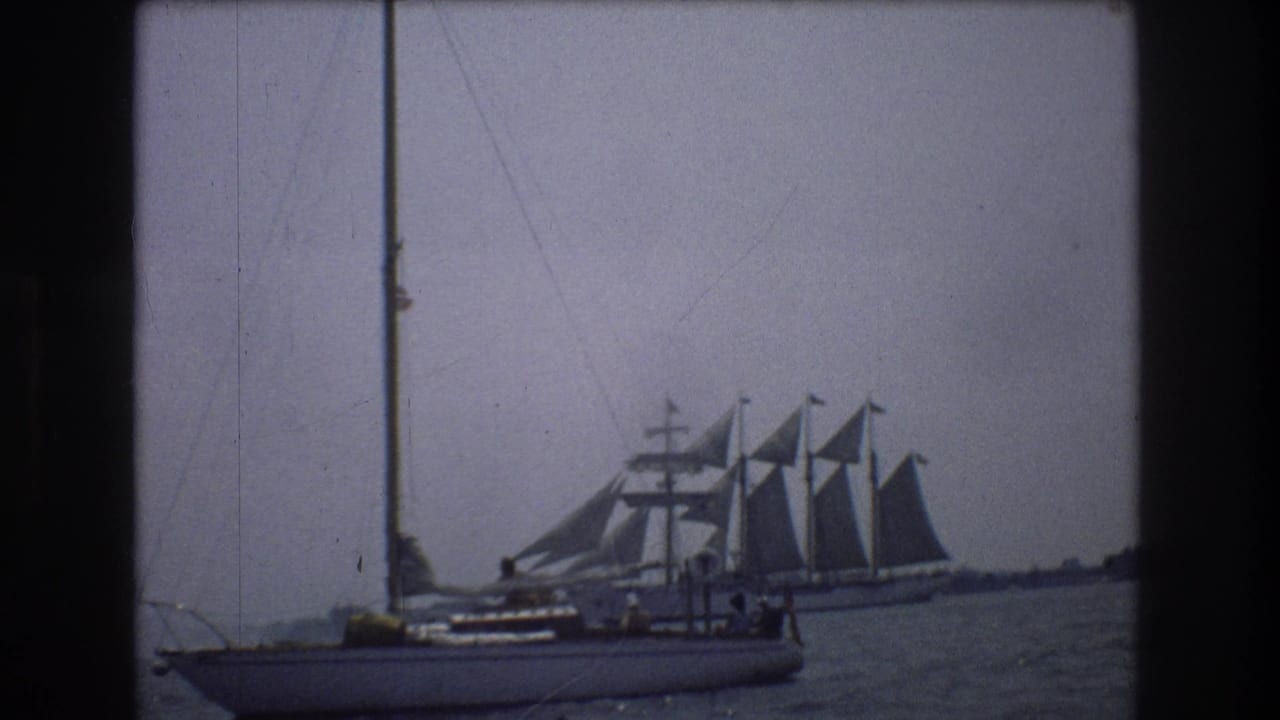 Foreground sailboat and distant tall ship with sails visible across gray-blue harbor water.