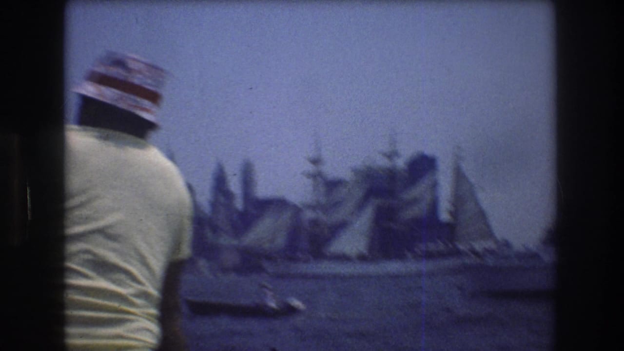 Foreground man faces a harbor with sailboats, small craft, and a distant city skyline.