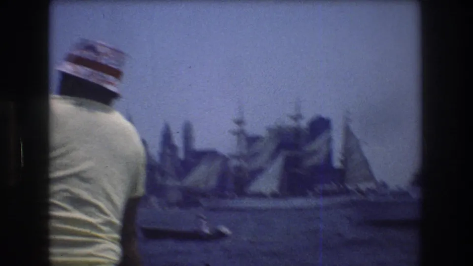 A man seen from behind looks toward sailing vessels and small boats in New York Harbor, with the hazy Manhattan skyline beyond.