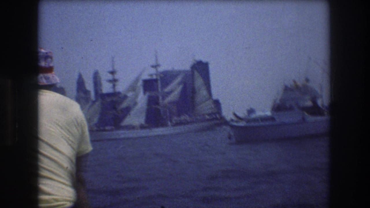 Foreground passenger beside a sailing ship and hazy New York Harbor skyline.