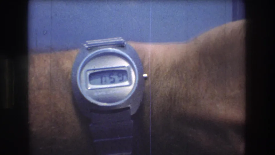 Close-up of a 1970s digital wristwatch on a man's wrist, with the rectangular display appearing to read about 1:59.