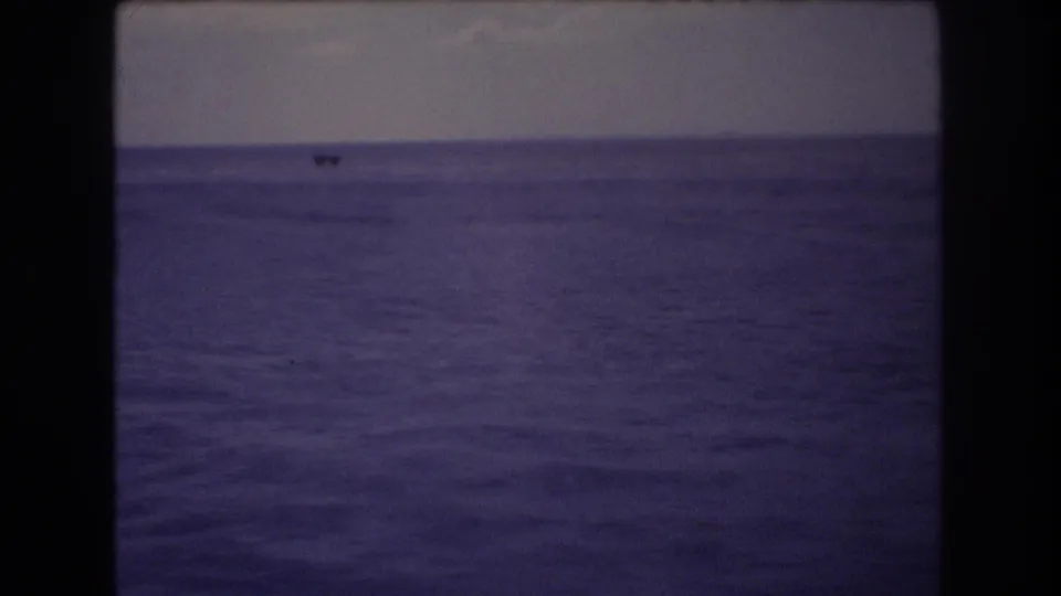 1977 Honolulu 8mm frame showing calm ocean surface, a pale horizon, and a tiny distant boat centered near the skyline.