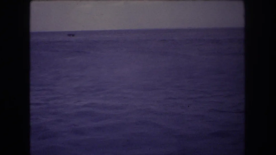 1977 Honolulu 8mm frame with a wide calm ocean view, muted sky, and a small distant vessel near the horizon line.