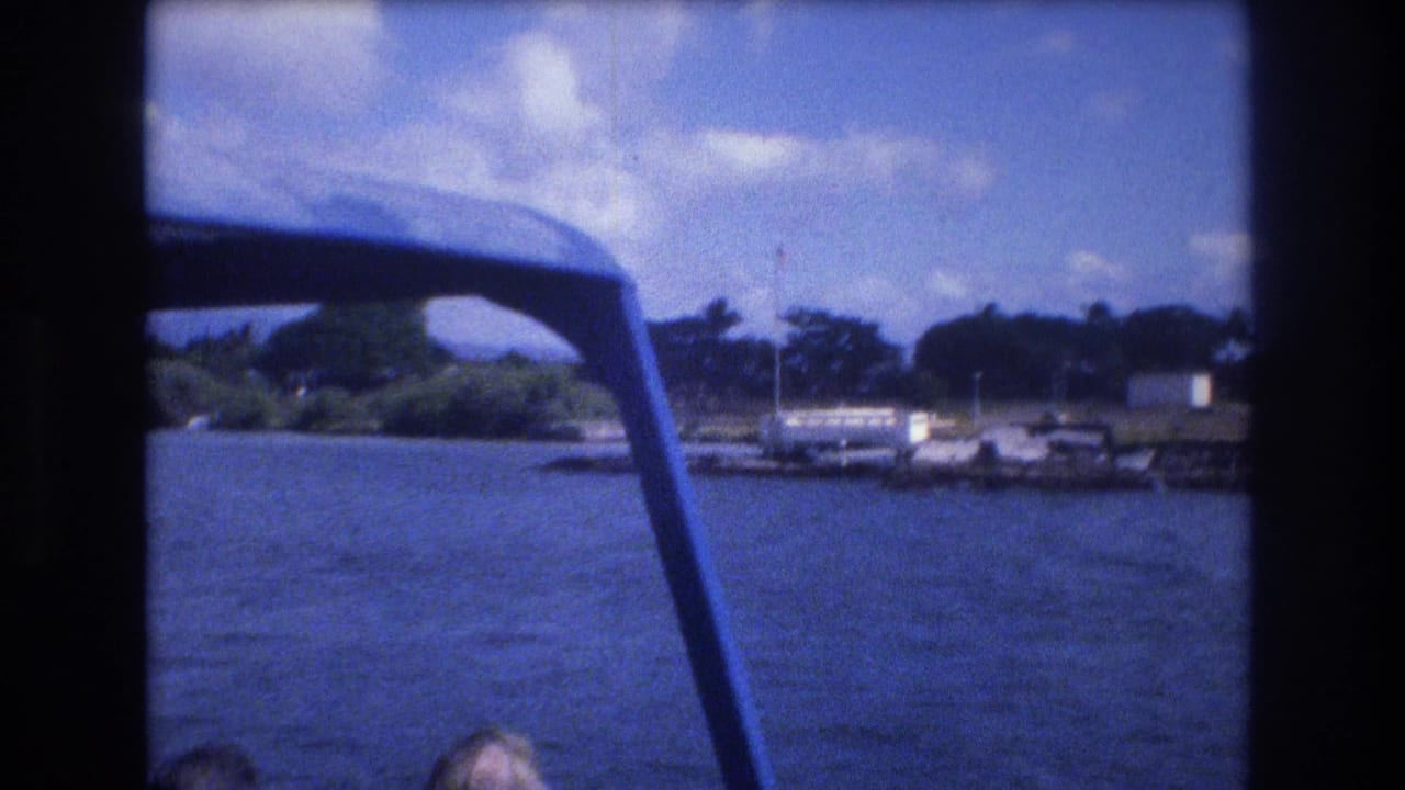 Blue water and shoreline are seen through the frame of a tour boat canopy.