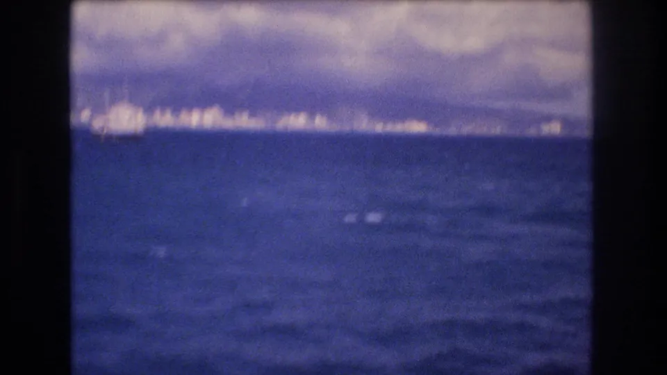 A soft 8mm frame shows the Honolulu shoreline far across the water, with bright coastal buildings and cloud banks above a blue ocean foreground.
