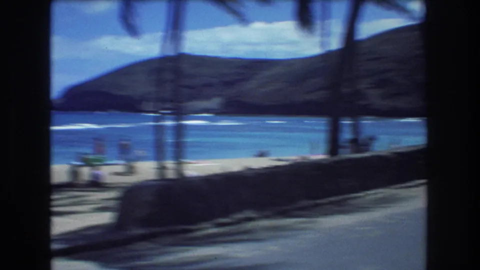1977 Honolulu home-movie frame looking past a roadside wall and palm trunks toward turquoise water, sandy beach, and green hills.