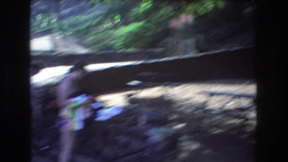 Two blurred people appear near a rocky outdoor area with tropical greenery, seen through handheld 8mm motion blur in the Honolulu clip.