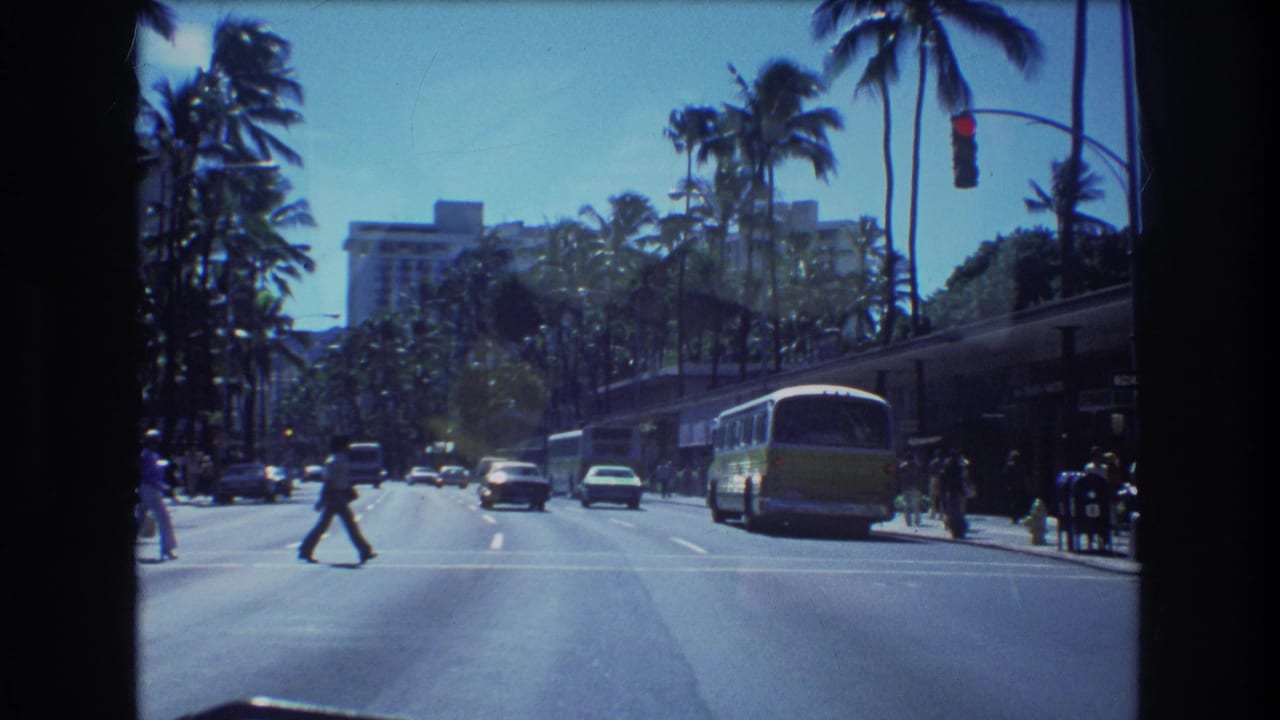 Pedestrian crossing a broad city street as cars and a bus move past palm trees.