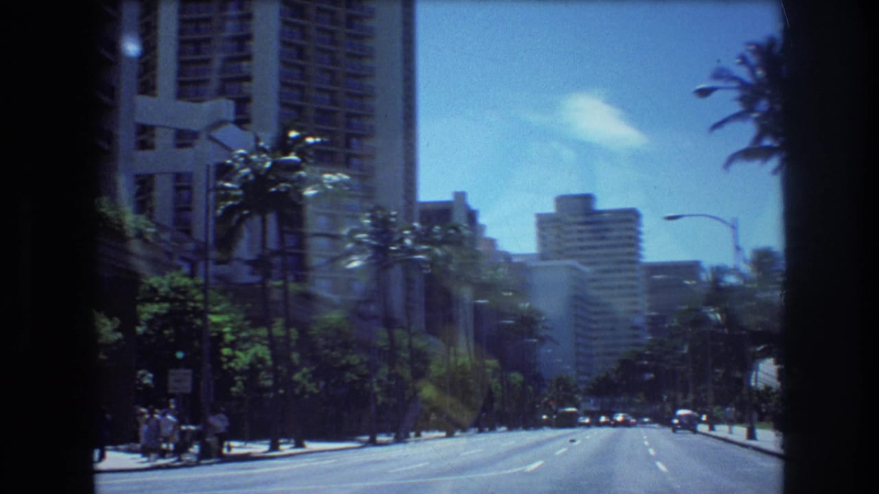 Forward view down a palm-lined Honolulu street from inside a moving vehicle.