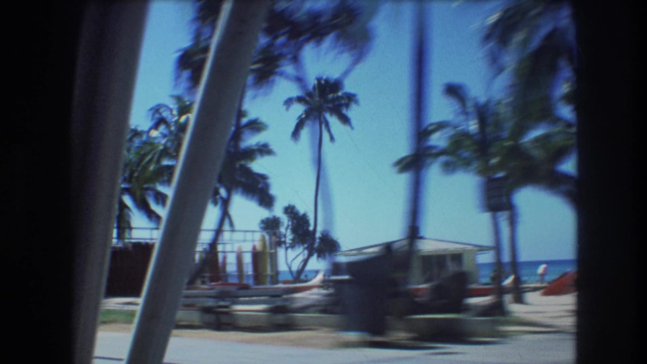 1977 Honolulu home-movie frame showing palm trees, sandy shoreline, ocean, and beachside structures seen through the dark framing of a moving car window.